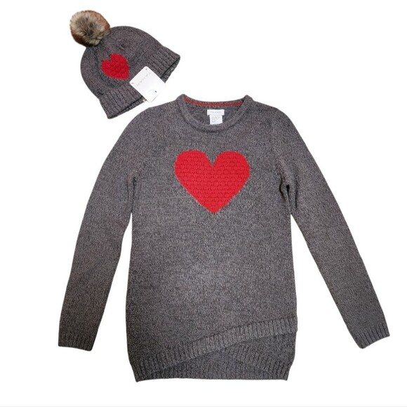 Tahari Sweater Hat Set Girls L Gray Cotton Blend Knit Red Heart Faux Fur Pom - Picture 1 of 8